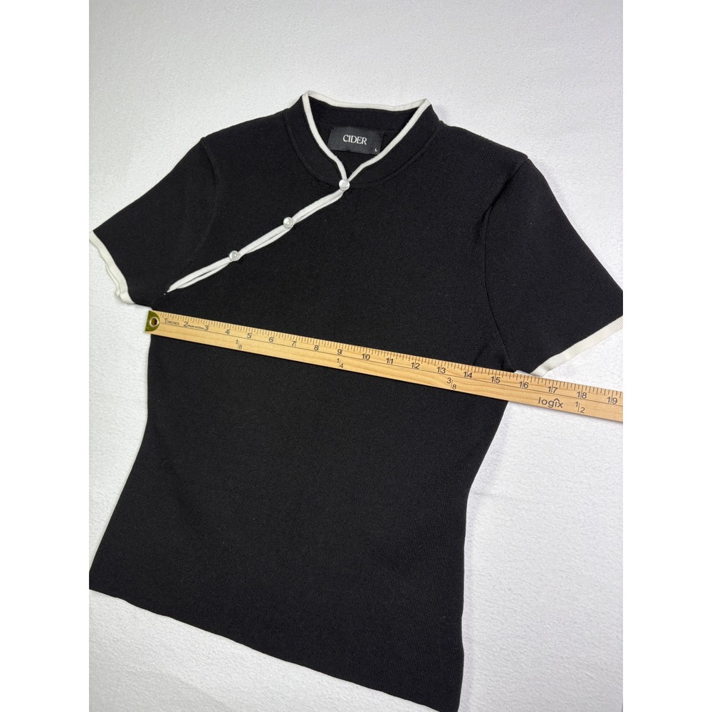 Cider Womens Asymmetric Pearl Button Knit Top Black White Trim Large BLACK - Picture 6 of 6
